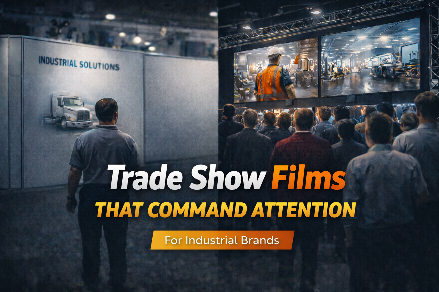 Trade show booth comparison showing a static industrial display versus a high-impact LED video wall drawing a crowd, illustrating how trade show films command attention for industrial brands.