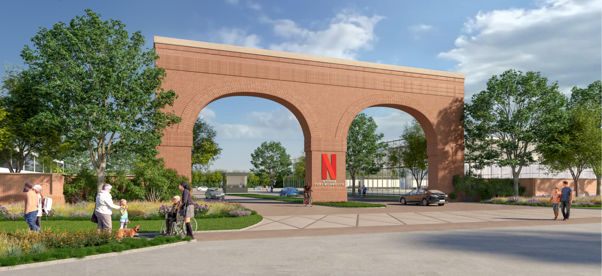 Rendering of Netflix Studios Fort Monmouth entrance archway at dusk, Monmouth County NJ - Fibs-and-Tales