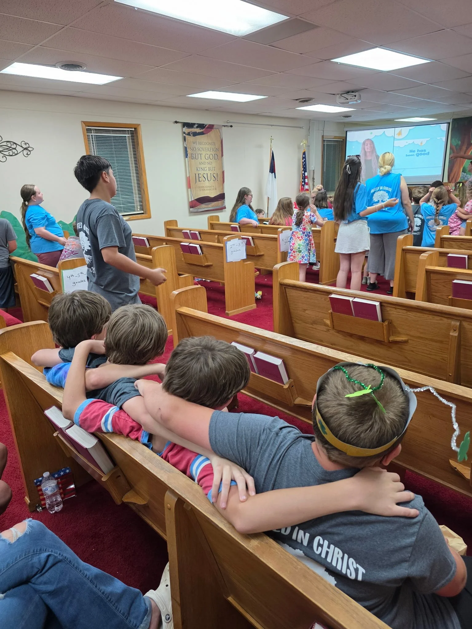 Children participating in Vacation Bible School worship at Allensville Baptist Church.