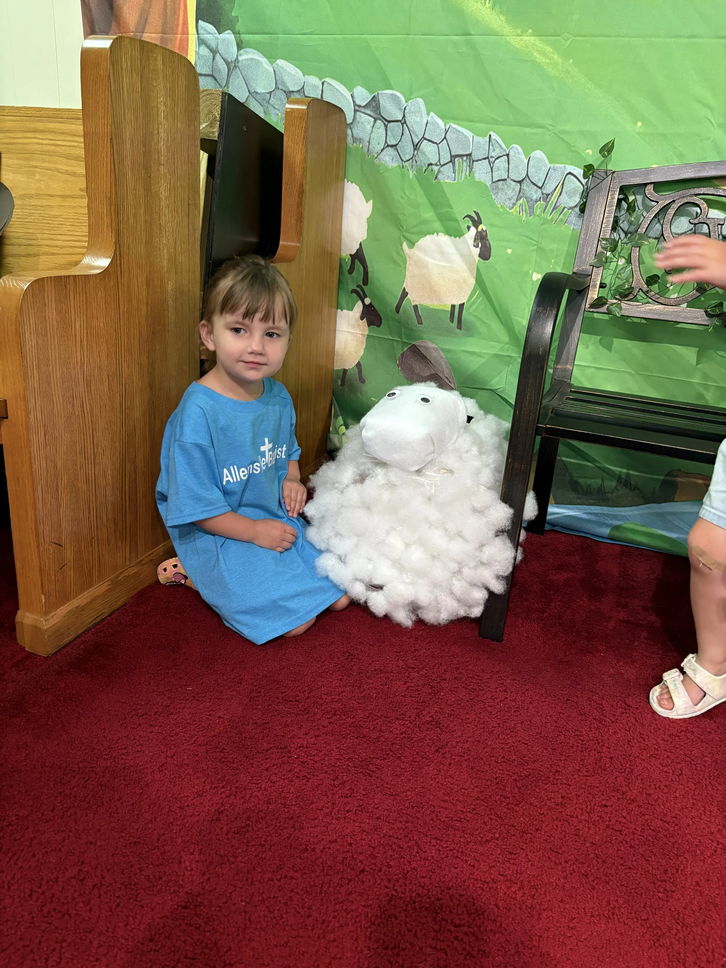 A young girl with brown hair and wearing a blue shirt sitting next to a craft of a sheep made from cotton balls, googly eyes, and a black paper nose. The scene is set against a colorful background with a cartoon illustration of a green field and goat