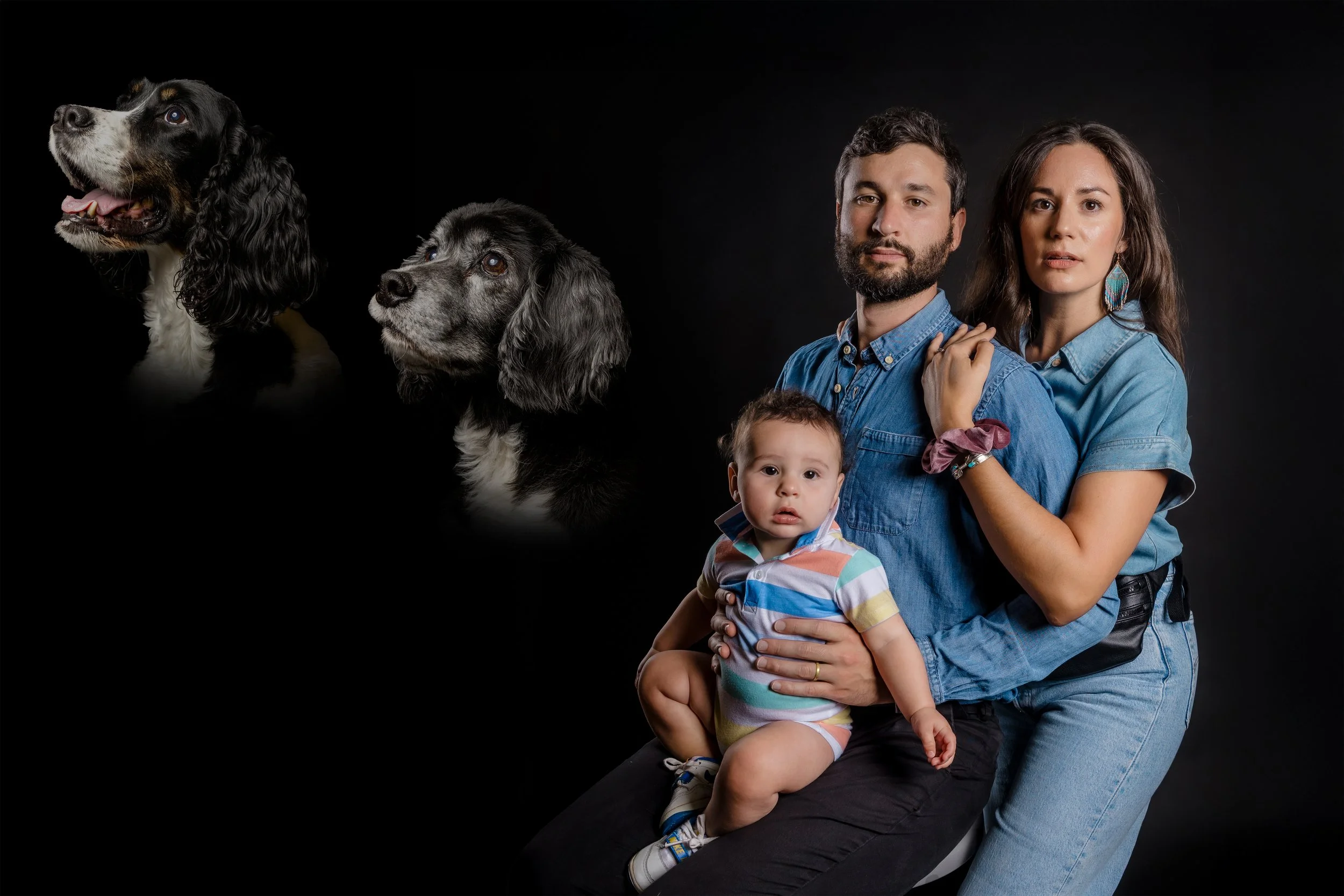 Mary and Tanner Ott pose with their infant son Johnny in this retro style portrait featuring their beloved pups June 5, 2025, in Ashland, Mo.