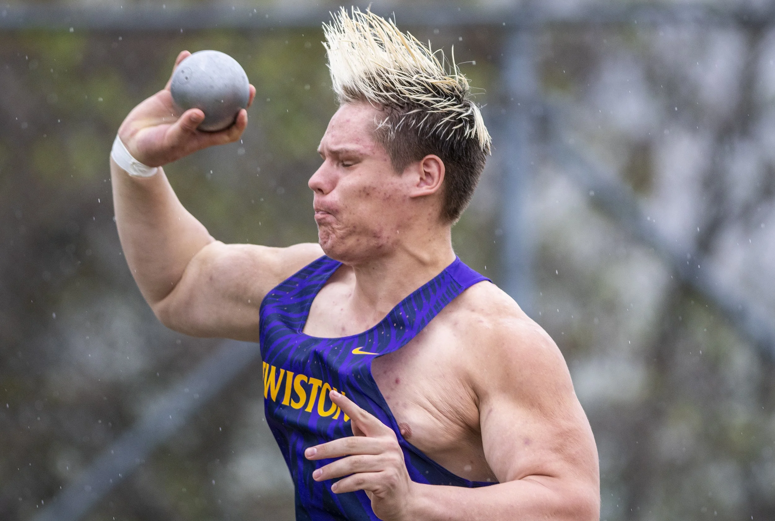 Lewiston High junior Robert Storm competes in the finals of the boy’s shot put event May 5, 2022, during the District 1 Meet of Champions at Vollmer Park in Lewiston, Idaho.