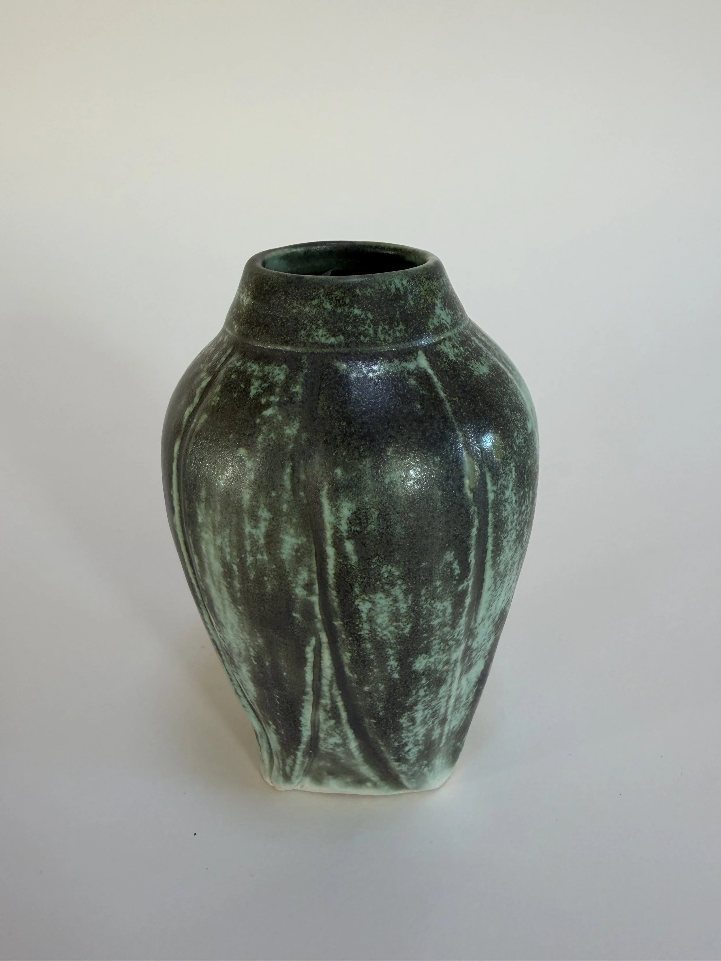 Art Deco green glaze, carved vase