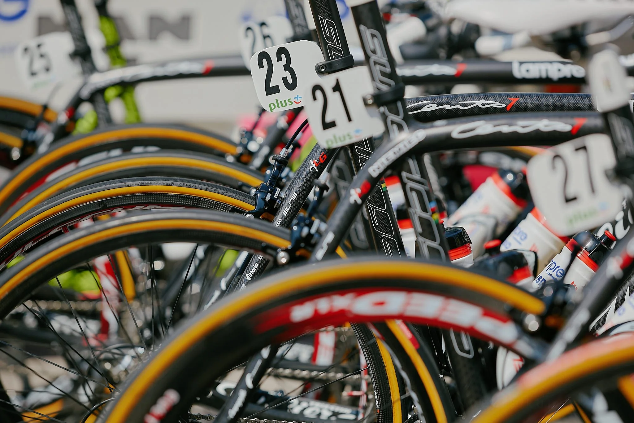 Row of bicycles with racing numbers and colored tires parked in a bike rack.