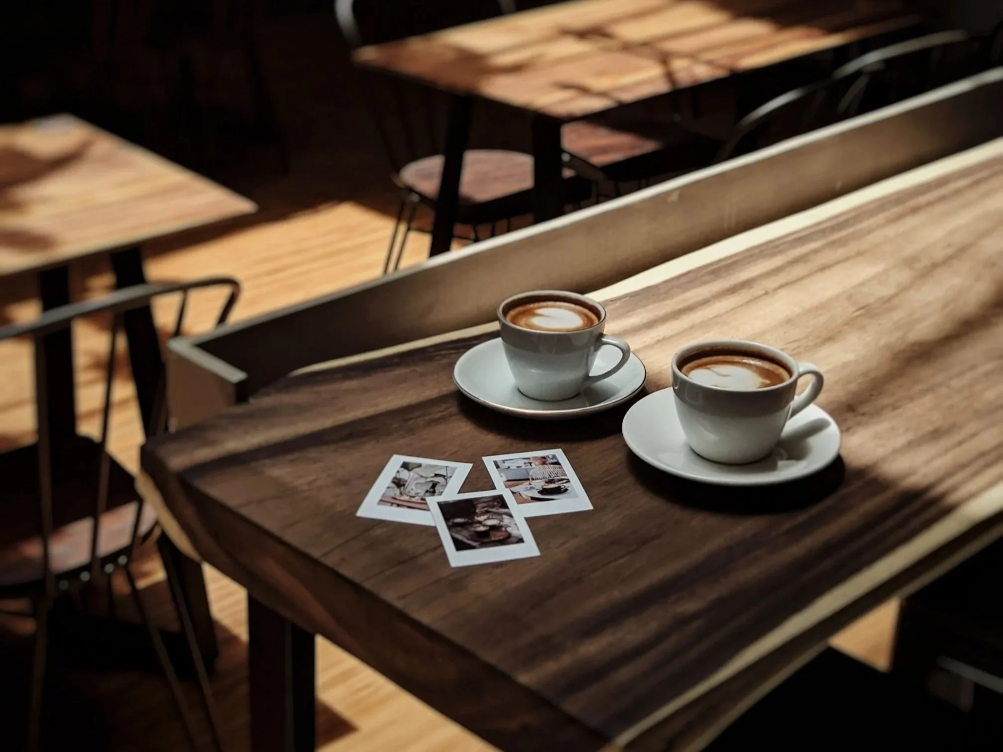 dos cafés en la mesa con fotografías