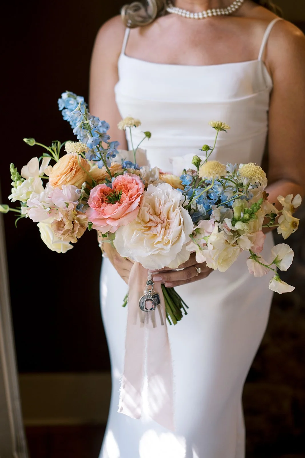 A Bridgerton inspired bridal bouquet with lush pastel blooms at the Ryland Inn in Whitehouse, NJ.
