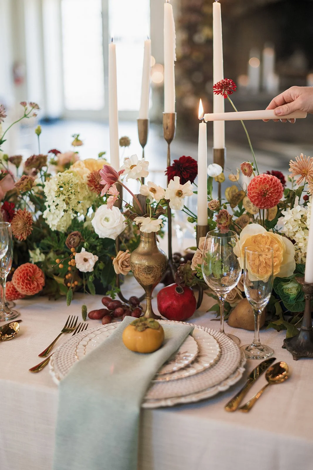 Candlelit mantel with garden florals