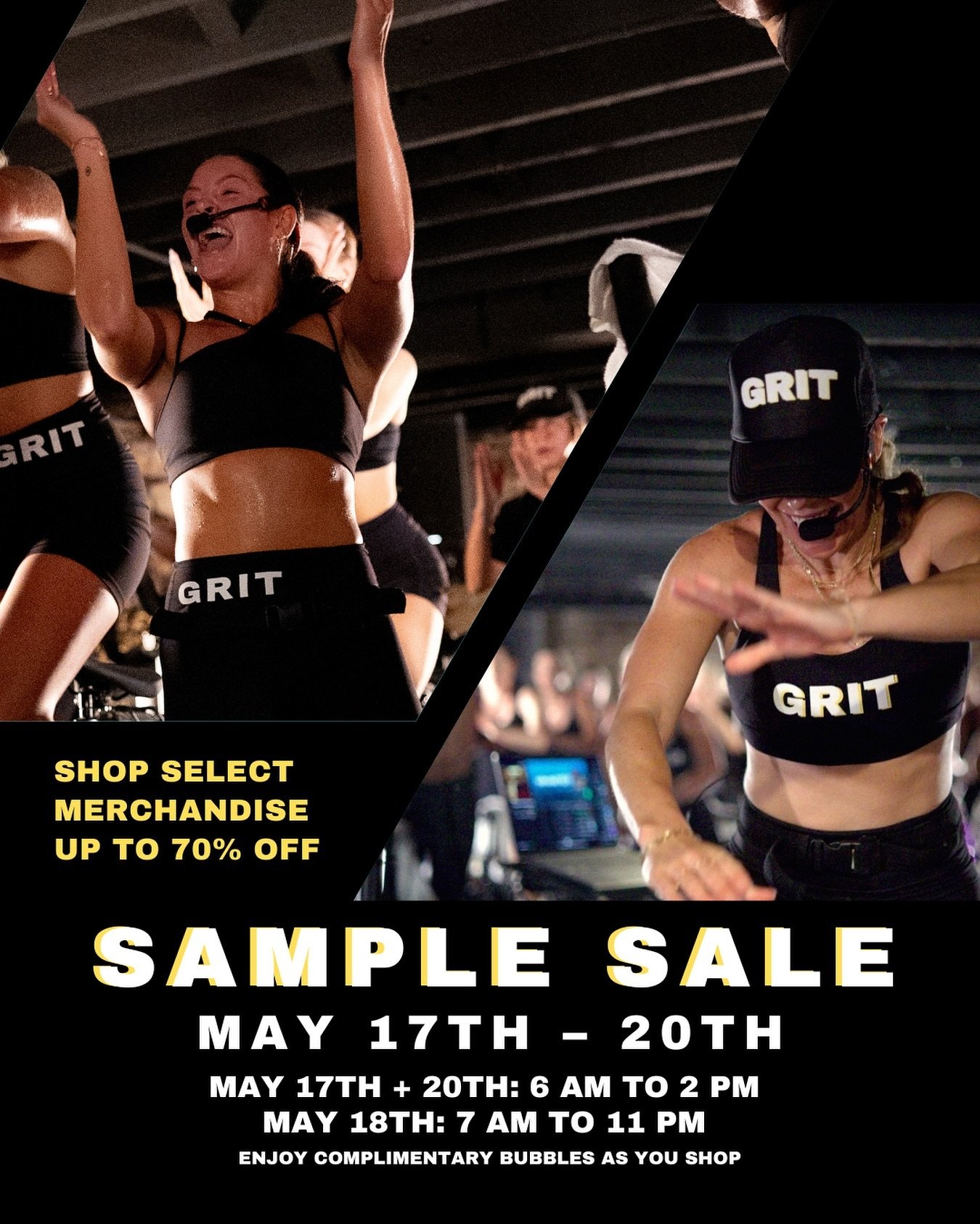 SAVE UP TO 70% OFF MERCH THIS WEEKEND 🚨

Join us for our first Grit sample sale featuring unreleased designs, old and new merch discounted by up to 70%, and more. 

Jump into a class, then hang out and shop as you enjoy complimentary bubbles or LMNT