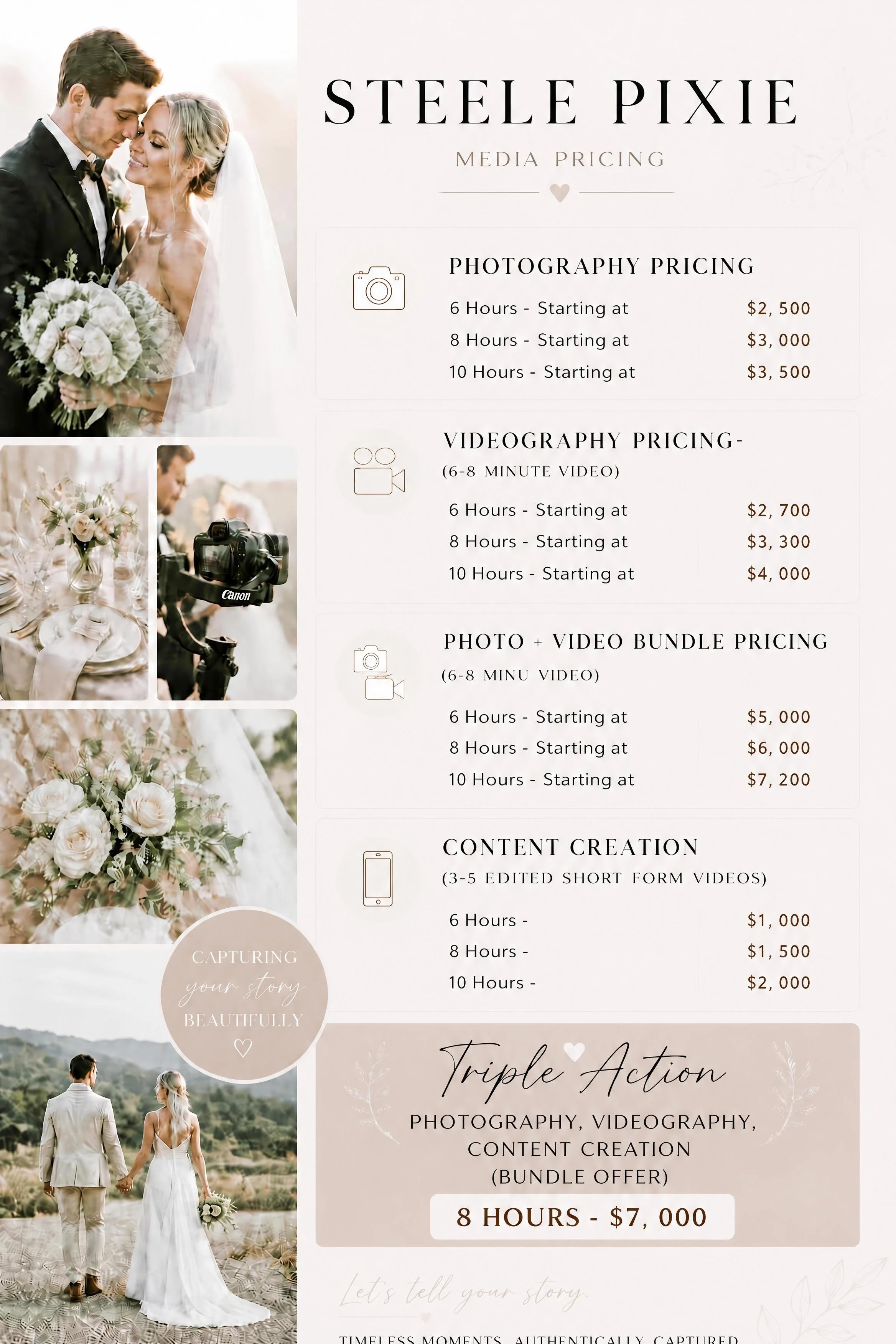Wedding photography and videography pricing details with images of a bride and groom, flowers, and a camera.