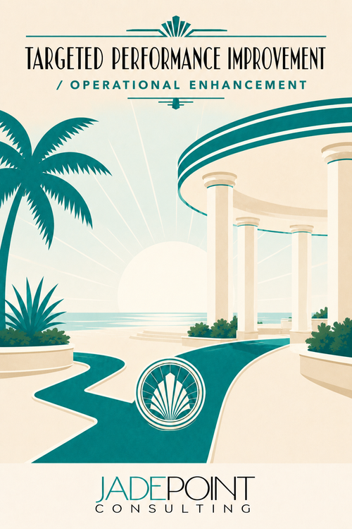 Targeted Performance Improvement and Operational Enhancement Art Deco illustration featuring a luxury hotel pathway