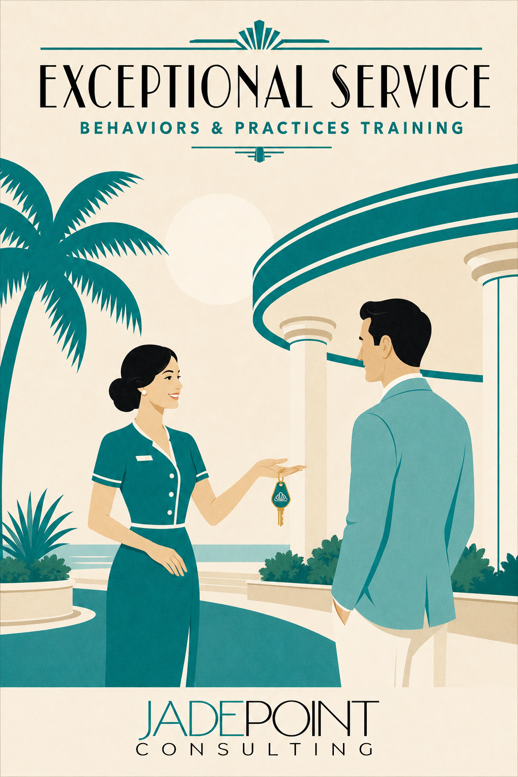 Exceptional Service Behaviors and Practices Training art deco illustration featuring a luxury hotel employee welcoming a guest