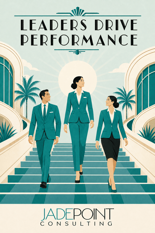Leaders Drive Performance art deco illustration featuring three luxury hotel leaders