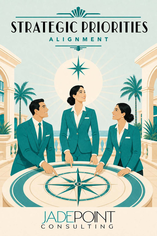 Strategic Priorities Alignment Art Deco illustration of luxury hospitality leaders aligning around a compass