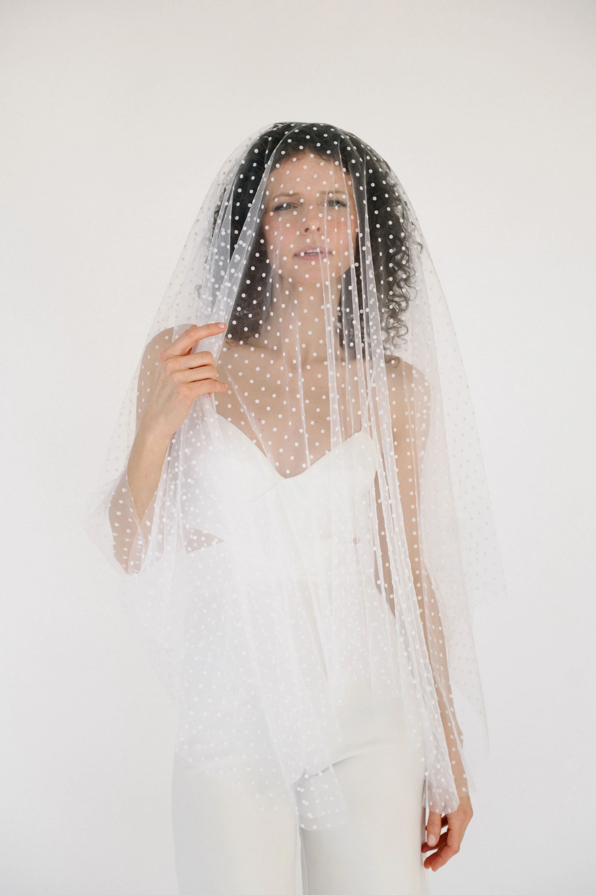 White Polka Dot Drop Veil, Fingertip