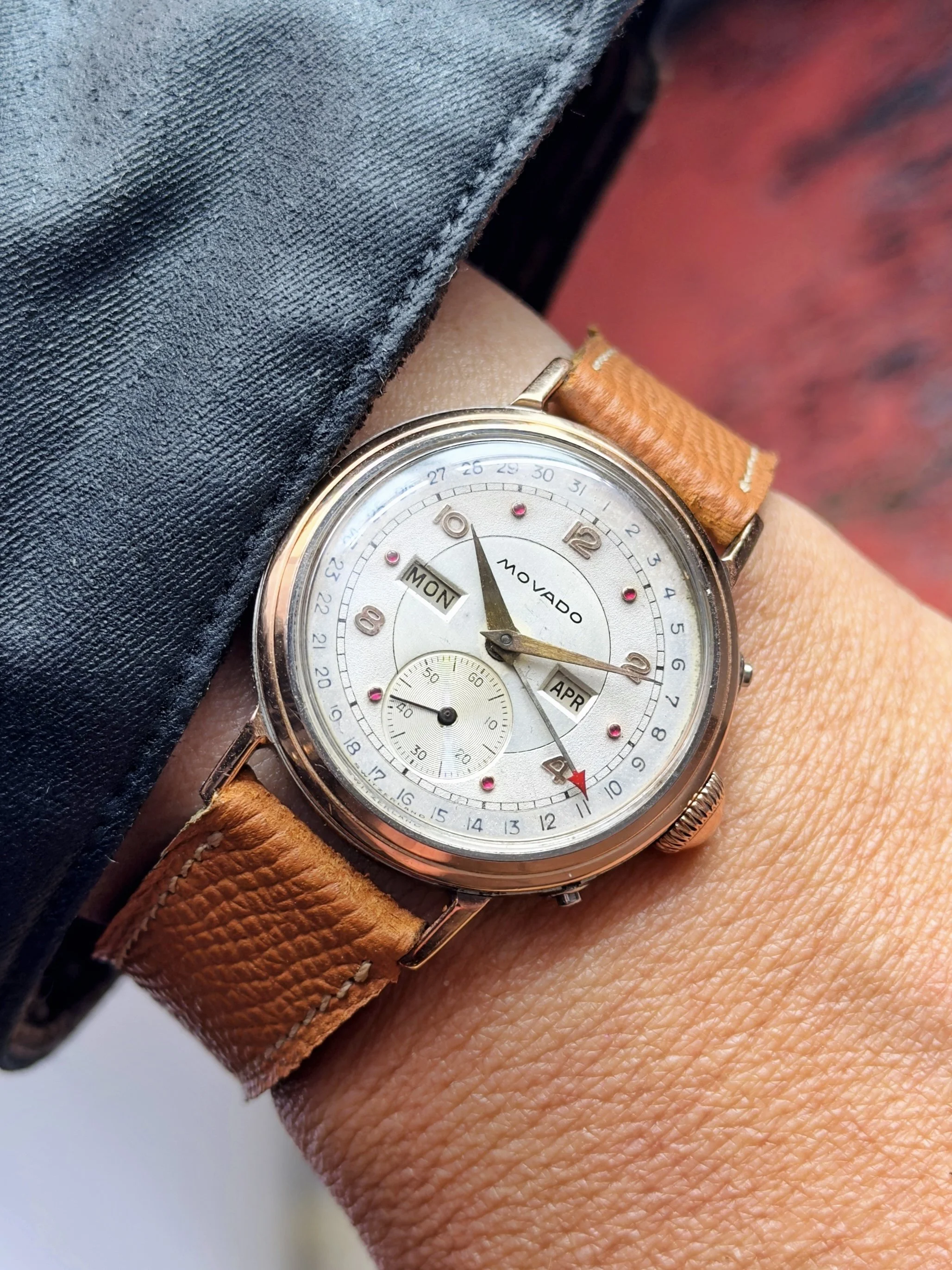 Movado Triple Calendar Rose Plated with Rubies circa 1940s