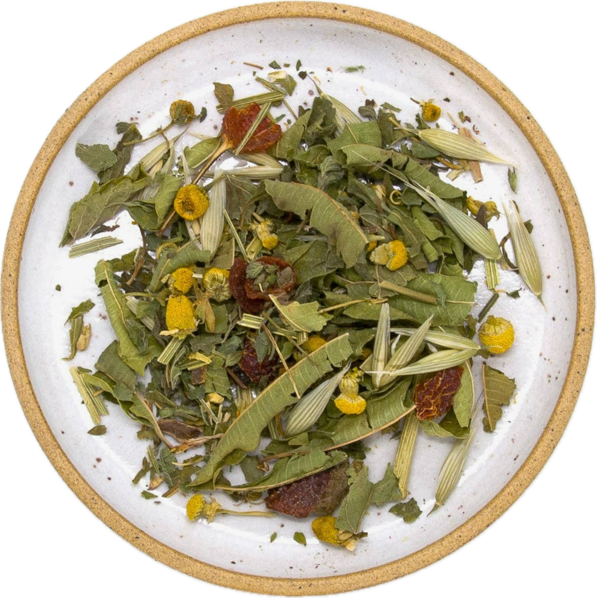   Quiet Mind   — Lemon balm, Passionflower, Milky Oat Tops, California Poppy, Lemon Verbena, Chamomile, Rosehips and Licorice.  Caffeine Free  