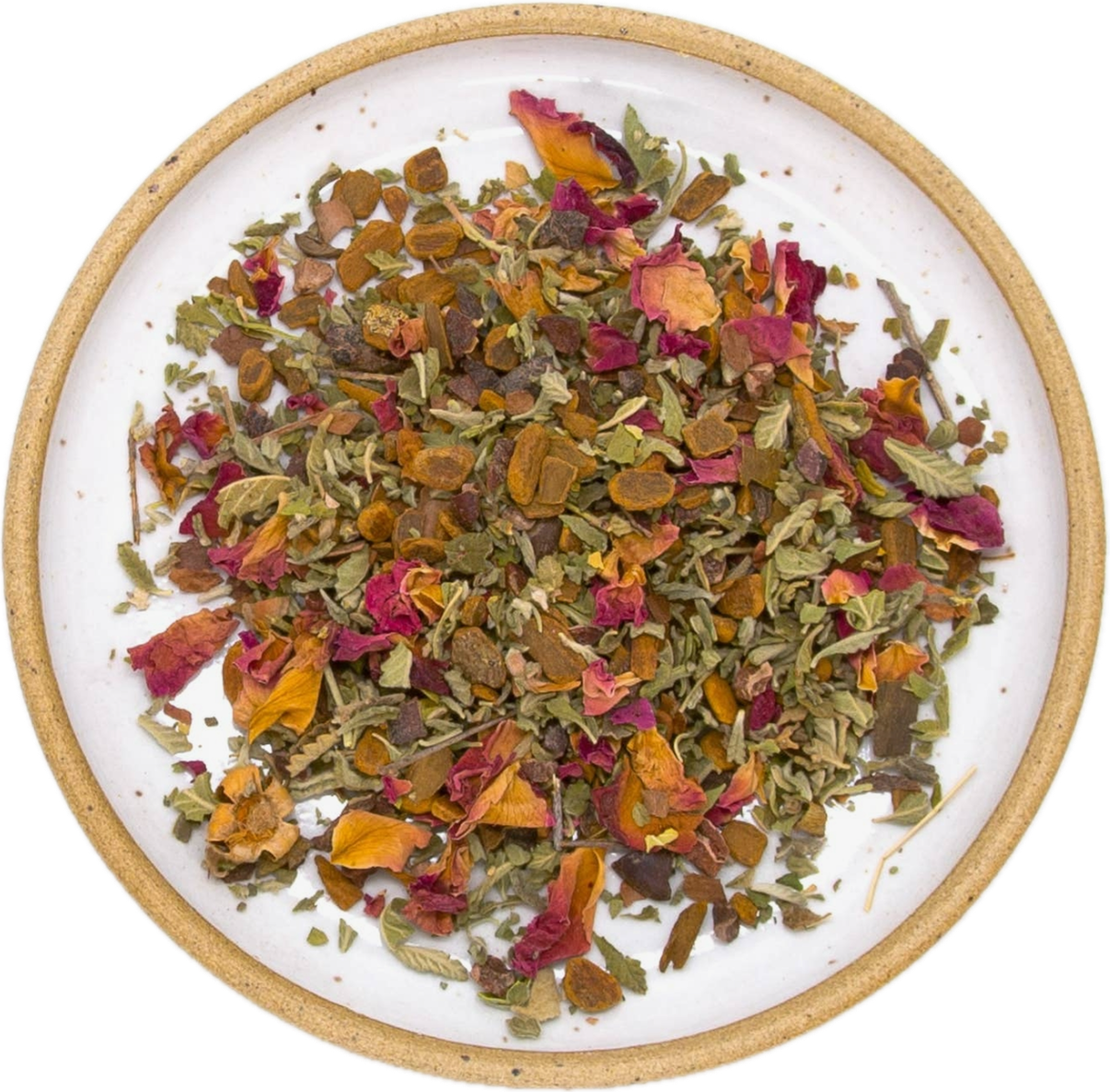   Aztec Love   — Cinnamon, Damiana Leaf, Rose Petals, Cacao Bean, Vanilla Bean.  Caffeinated 