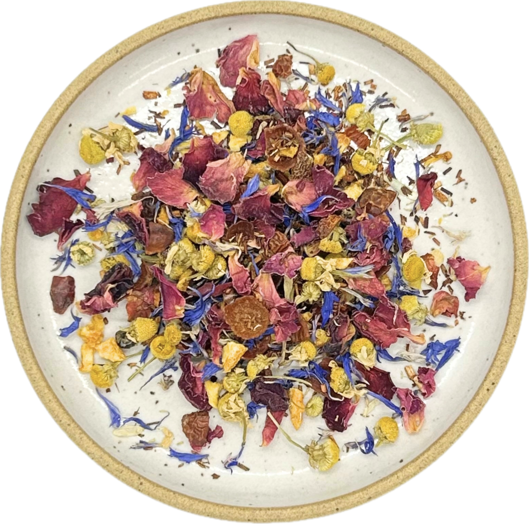   Bergamot Blossoms   — Red Rooibos, Chamomile, Orange Peel, Rosehips, Cornflower, Rose and Bergamot Oil.  Caffeinated 