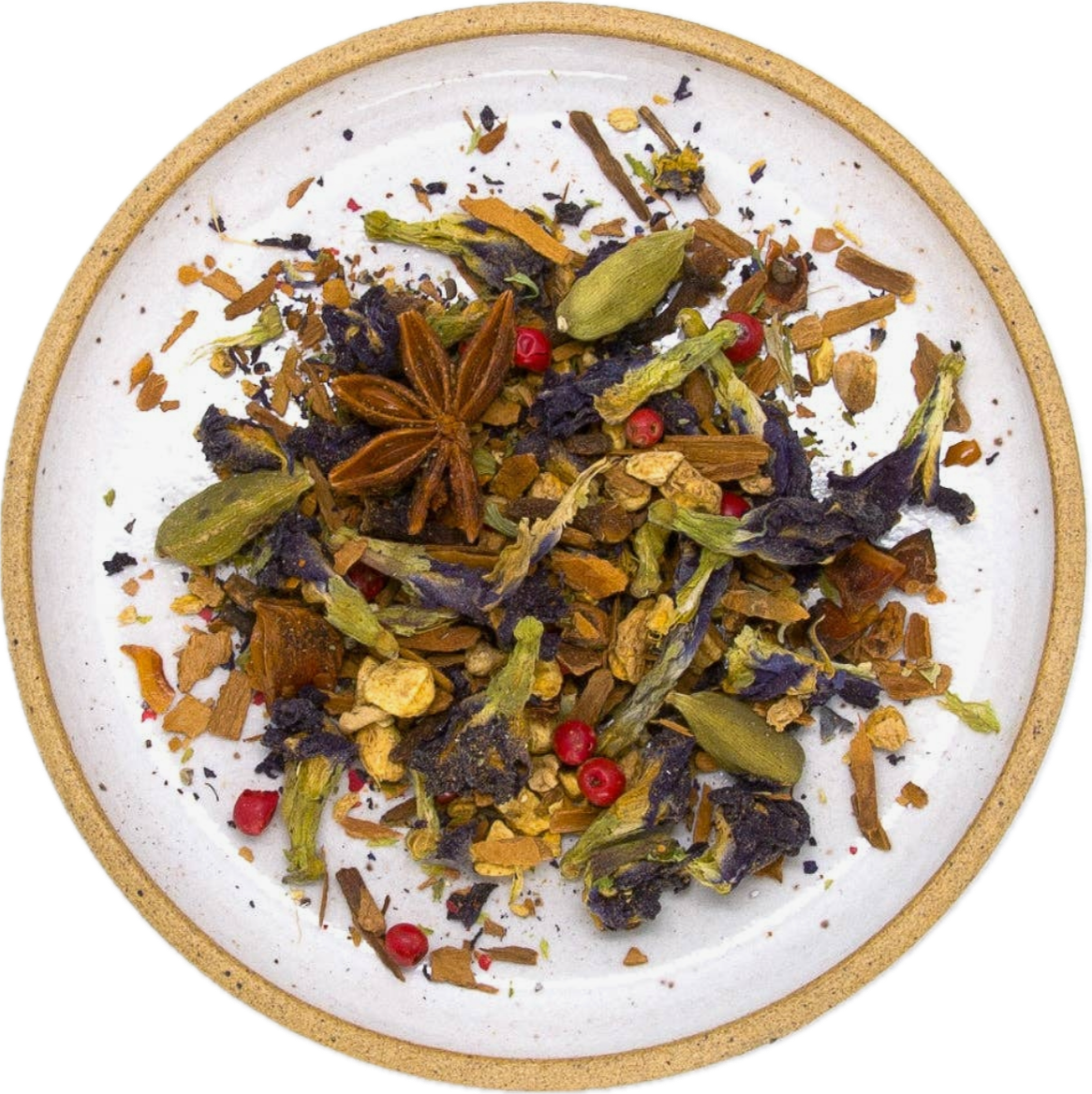  Blue Chai   — Blue Butterfly Pea, Ginger, Cinnamon, Cardamon, Star Anise, Clove and Pink Peppercorns.  Caffeine Free  