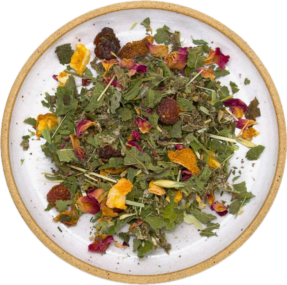   Daily Nourish   — Nettle, Oat Straw, Raspberry Leaf, Alfalfa, Rose Hips, Roses, Lemon Balm, and Orange Peel.  Caffeine Free  