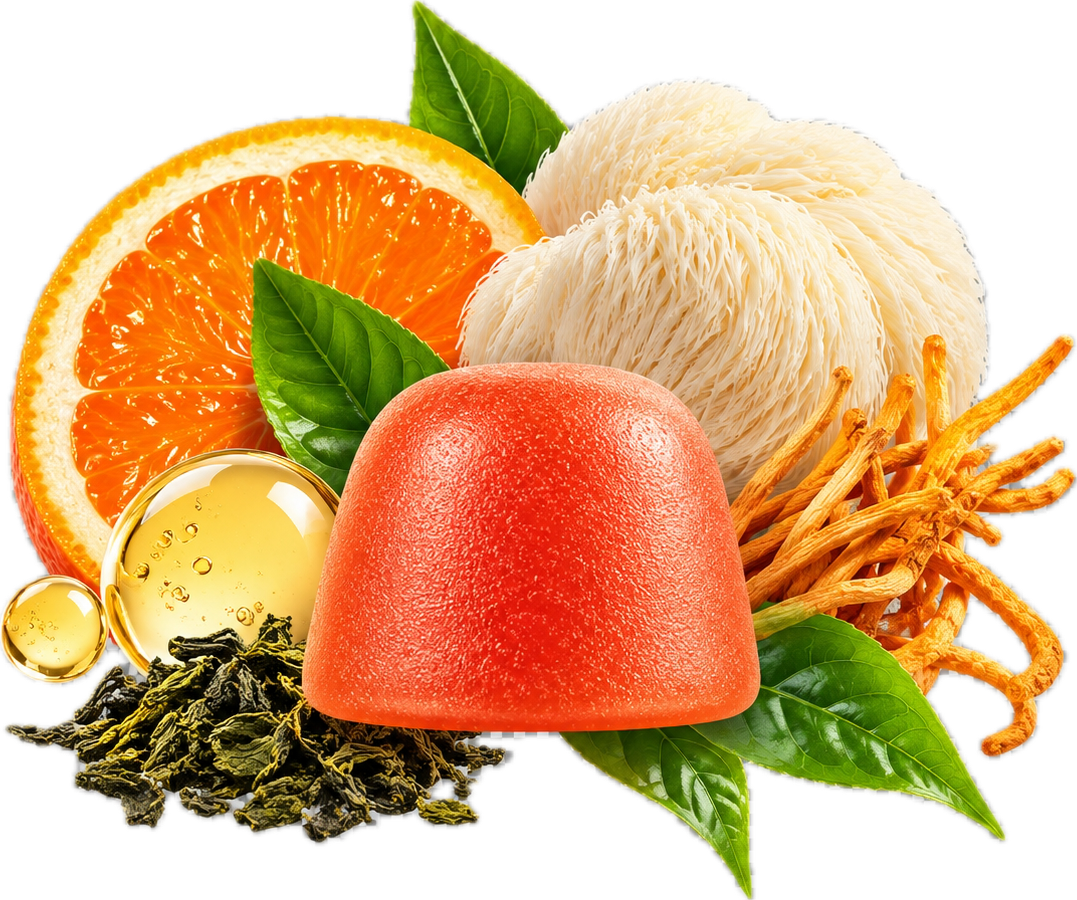   Wonder Focus  —  Juicy Citrus   Lion’s Mane, Cordyceps, B6, B12, Green Tea + Alpha-GPC  ➝ Focus • Energy • Cognition • Mood  