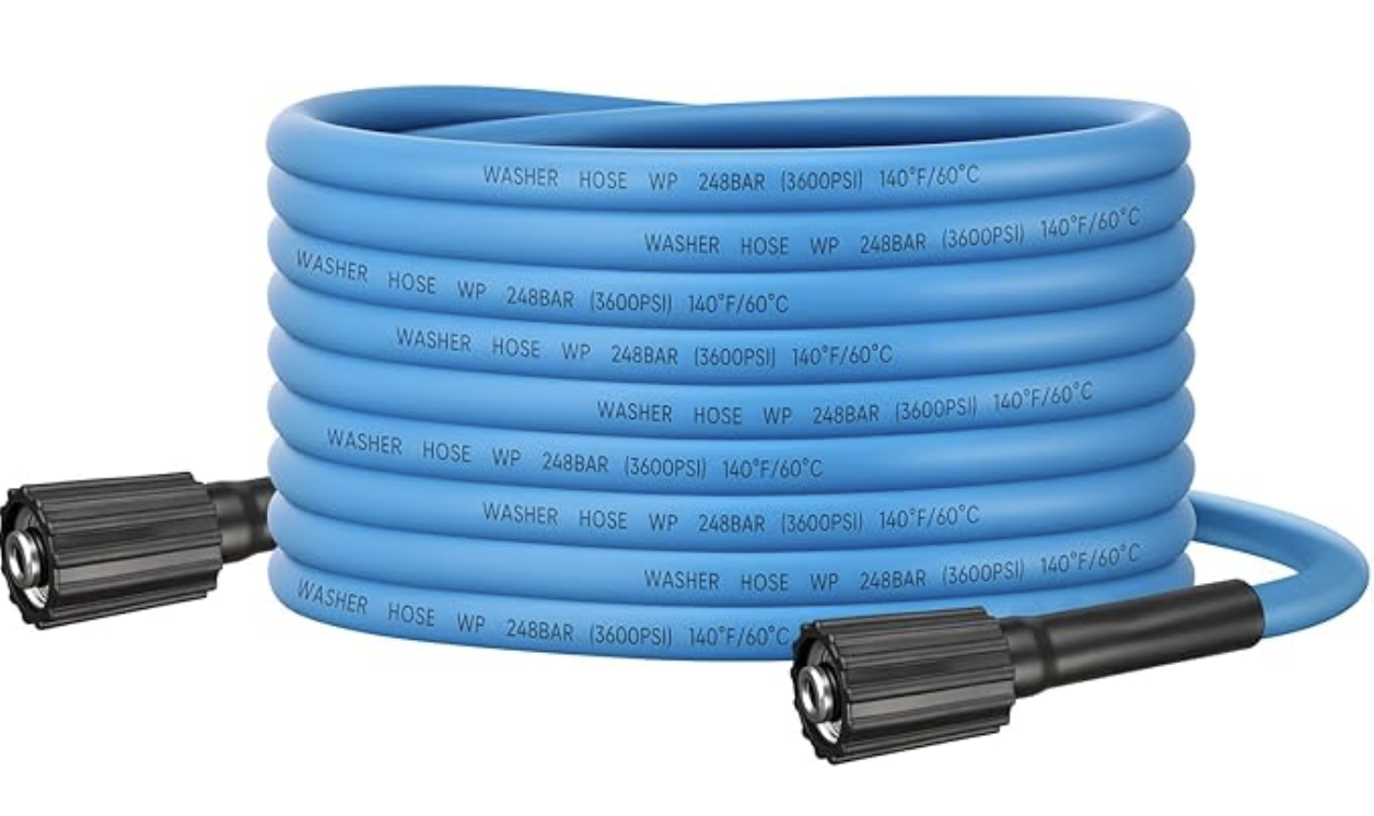 Blue water hose coiled, with black fittings on both ends, labeled with specifications including pressure rating and temperature limits.