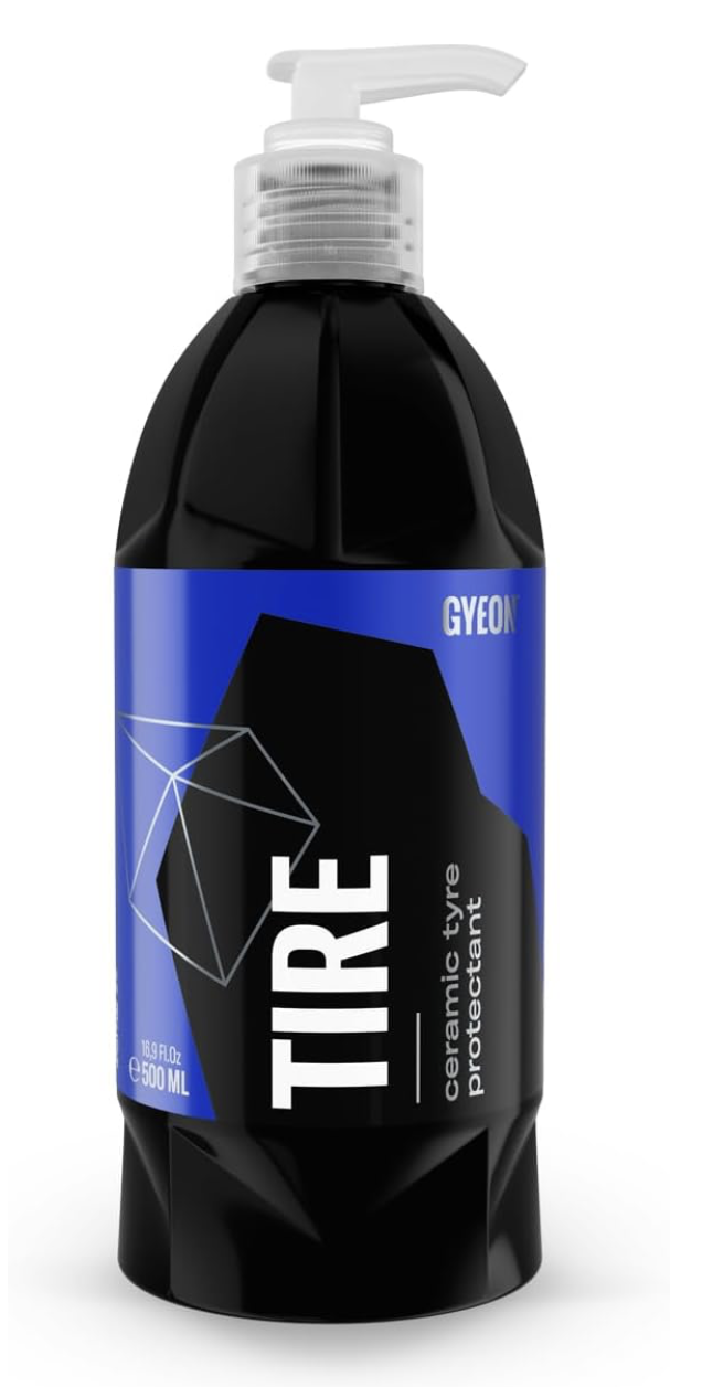 Black and blue bottle of Gyeon tire ceramic tire protectant with a pump dispenser.