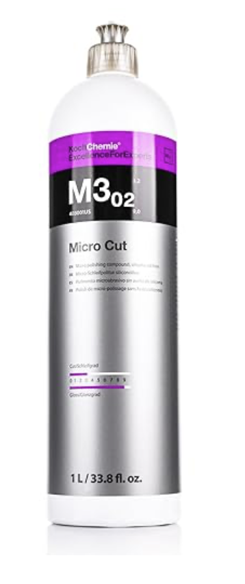 A white bottle of Koch Chemie Micro Cut polishing compound with a purple and black label.
