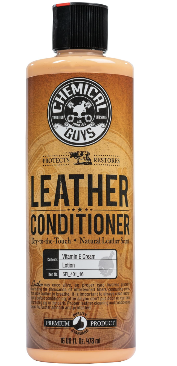 A bottle of Chemical Guys Leather Conditioner featuring a black cap and a label with a black, white, and orange design indicating it protects and restores leather, contains vitamin E cream and lotion, and is a premium product.