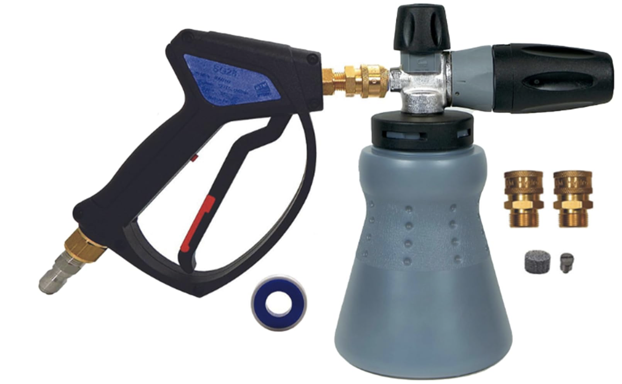 A paint spray gun with a black handle, blue digital display, and a metal nozzle, along with a gray cup, small brass fittings, a washer, and other small parts for assembly against a white background.