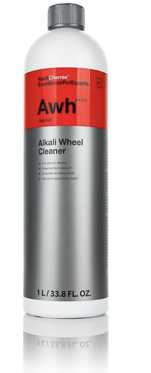 A can of KochChemie Aw H Alkali Wheel Cleaner, 33.8 fl oz, with a silver body and red label.