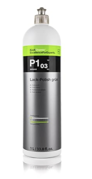 A cylindrical bottle of Koch Chemie P1 Plus black polish ink with a silver cap and green and black label.
