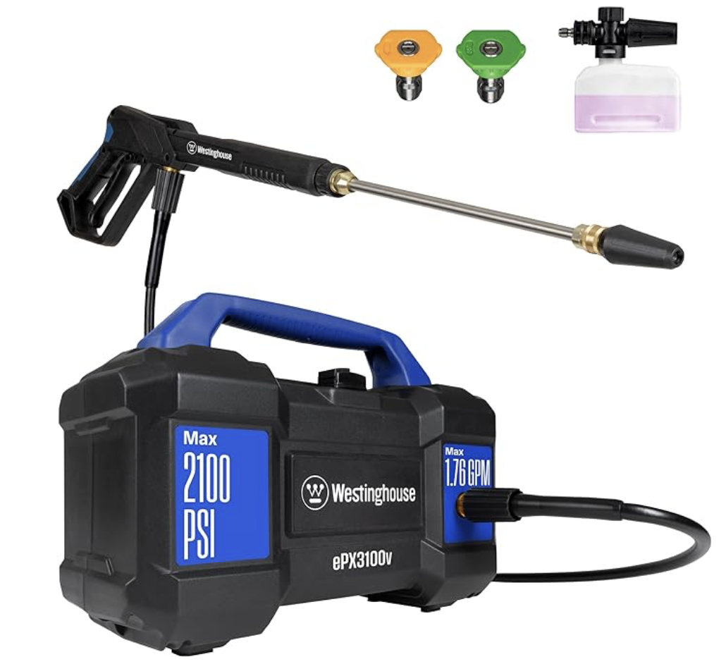 High-pressure electric pump with accessories including spray nozzles, a soap dispenser, and electric connectors.