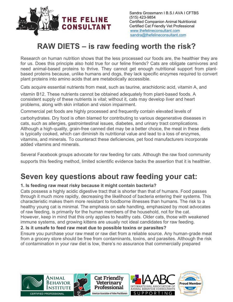 Business flyer for The Feline Consultant discussing raw diets for cats, including advantages, risks, and key questions, with logos of professional organizations at the bottom.