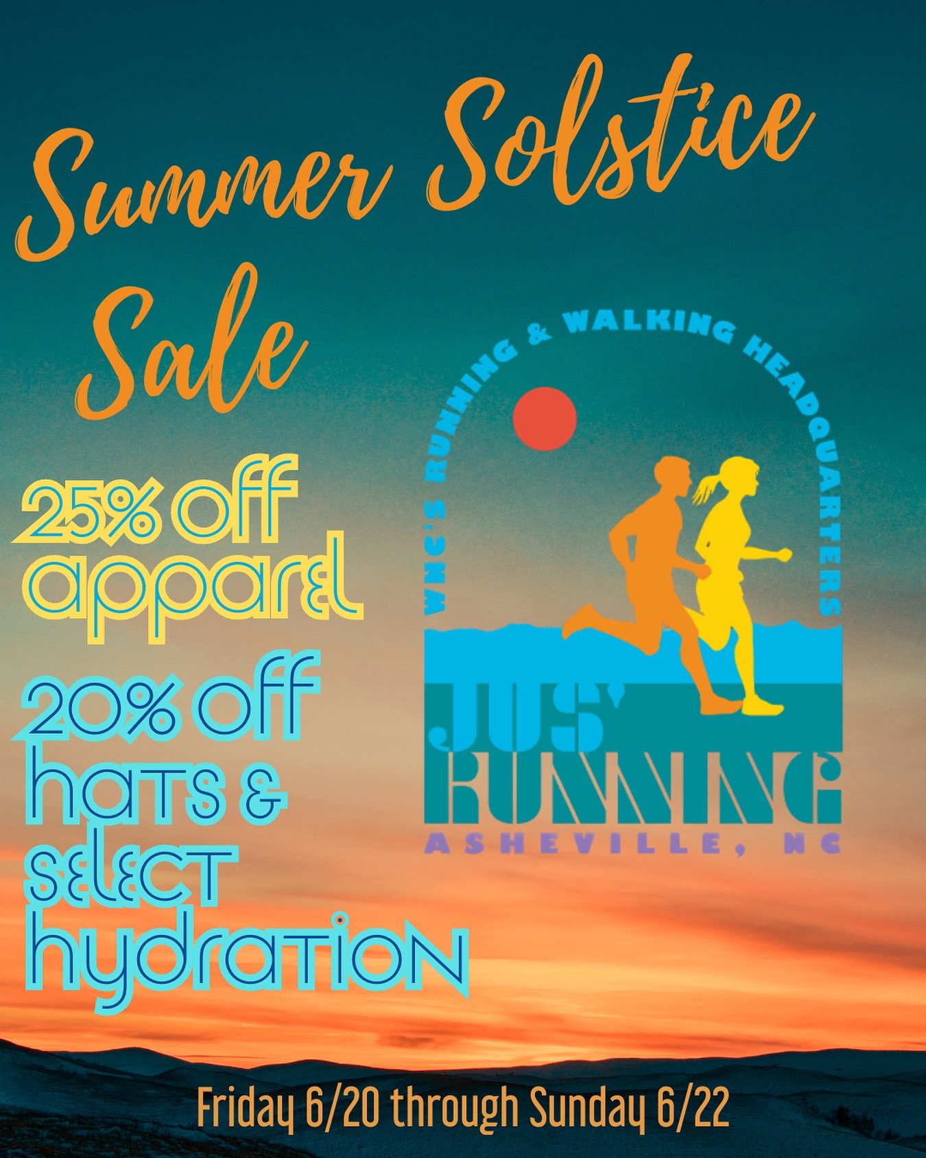 Summer Solstice Sale ☀️
&bull; 25% off apparel
&bull; 20% off hats
&bull; 20% off select hydration
☀️ Friday through Sunday only!

#jusrunning #asheville #runasheville #runavl #summersolstice