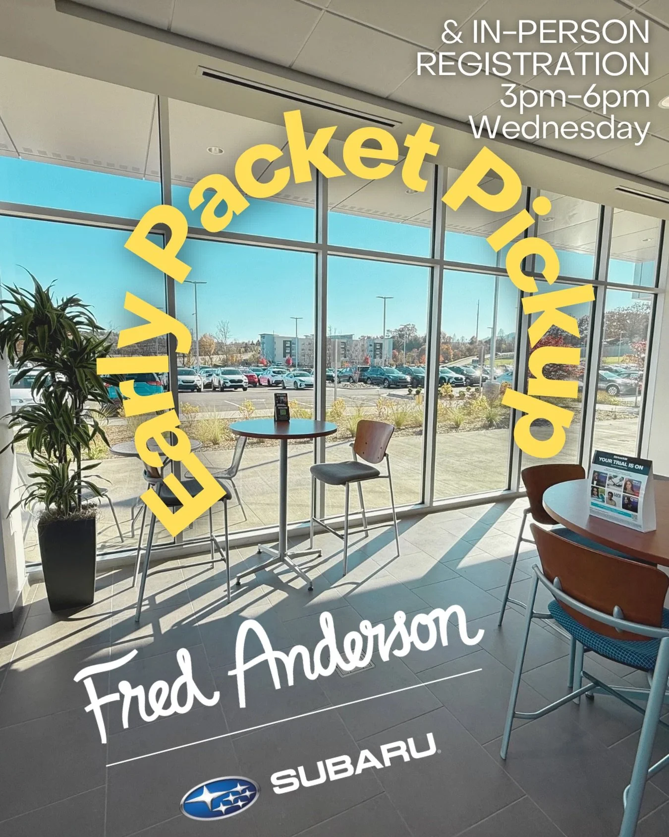 Early Packet Pickup for the @ashevilleturkeytrot is @fredandersonsubaru ⭐️ TODAY from 3PM - 6PM ONLY ⭐️ We can&rsquo;t emphasize enough that our packets, staff, and volunteers will not be ready until 3PM and it will end at 6PM 🕒 We appreciate your u