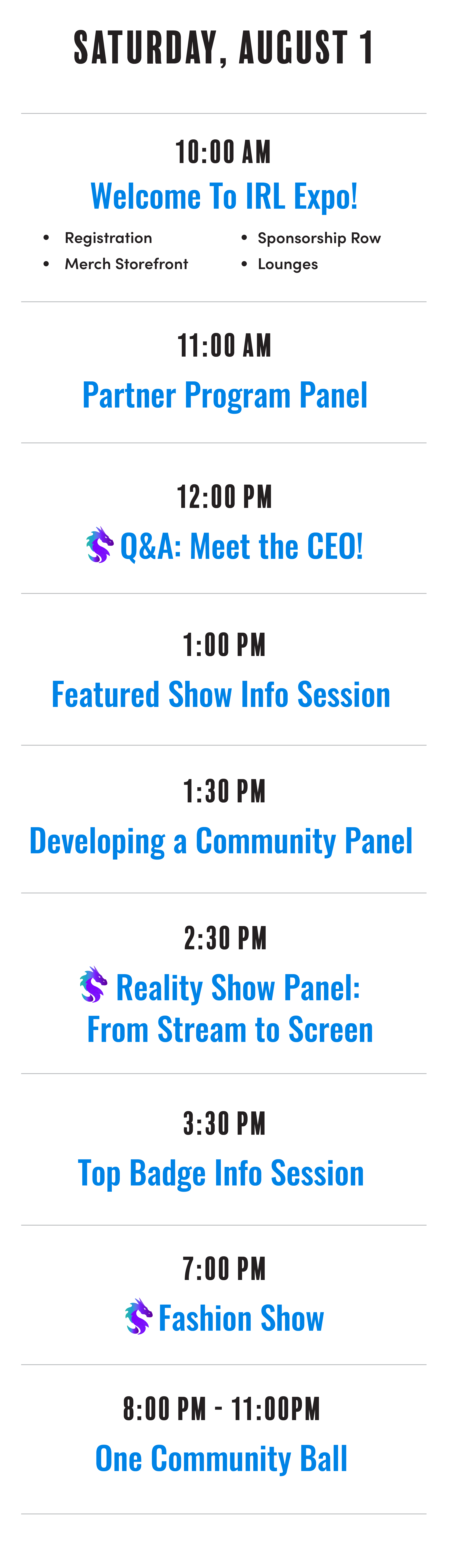 Event schedule for Saturday, August 1, including registration, merchandise store, sponsorship row, lounges, partner program panel, Q&A with the CEO, show info sessions, community panel, reality show panel, badge info, fashion show, and community ball from 8:00 PM to 11:00 PM.