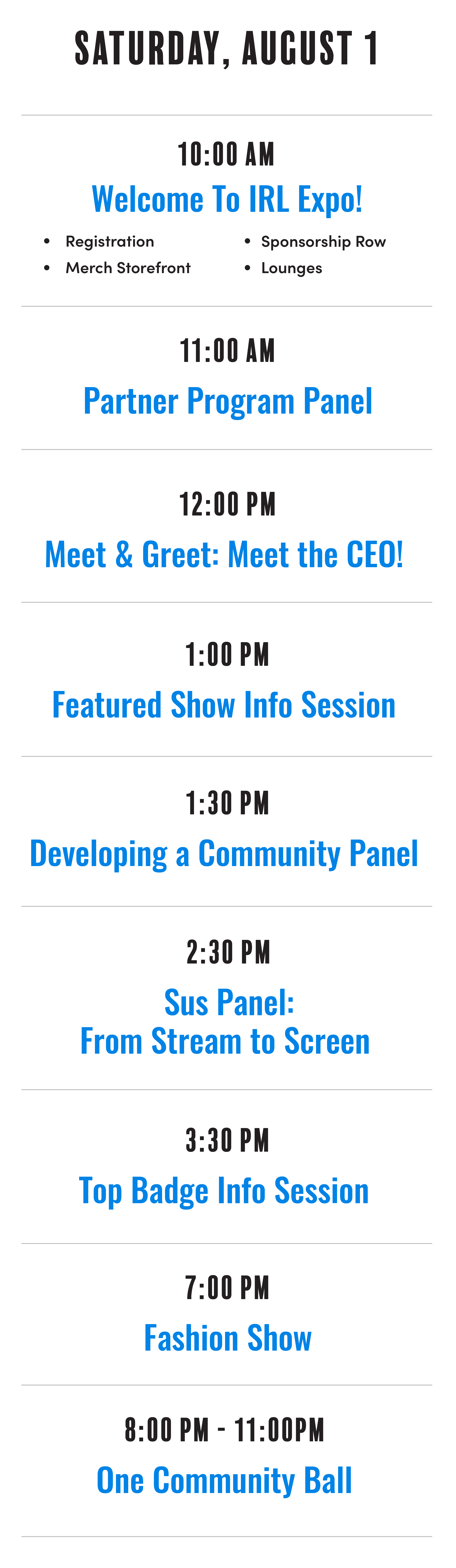 Event schedule for Saturday, August 1st, listing times and activities including welcome, partner program, meet and greet, show info session, community panel, badge info, fashion show, and a community ball.