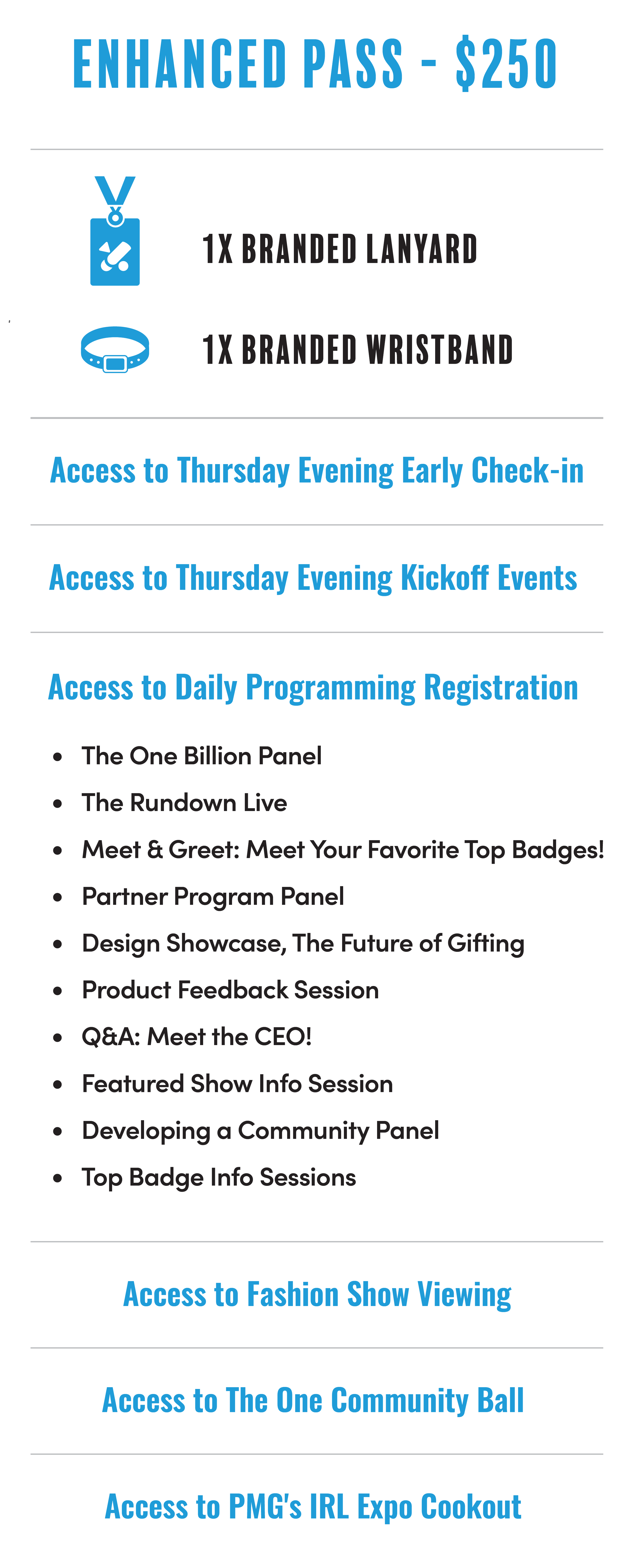 Event pass titled 'Enhanced Pass' featuring icons of a branded lanyard, wristband, and merchandise swag, with a list of conference activities, sessions, and access details in blue and black text.