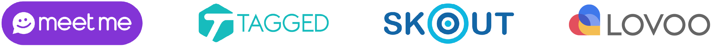 A collage of four social media and dating app logos: MeetMe, Tagged, Skout, and Lovoo.