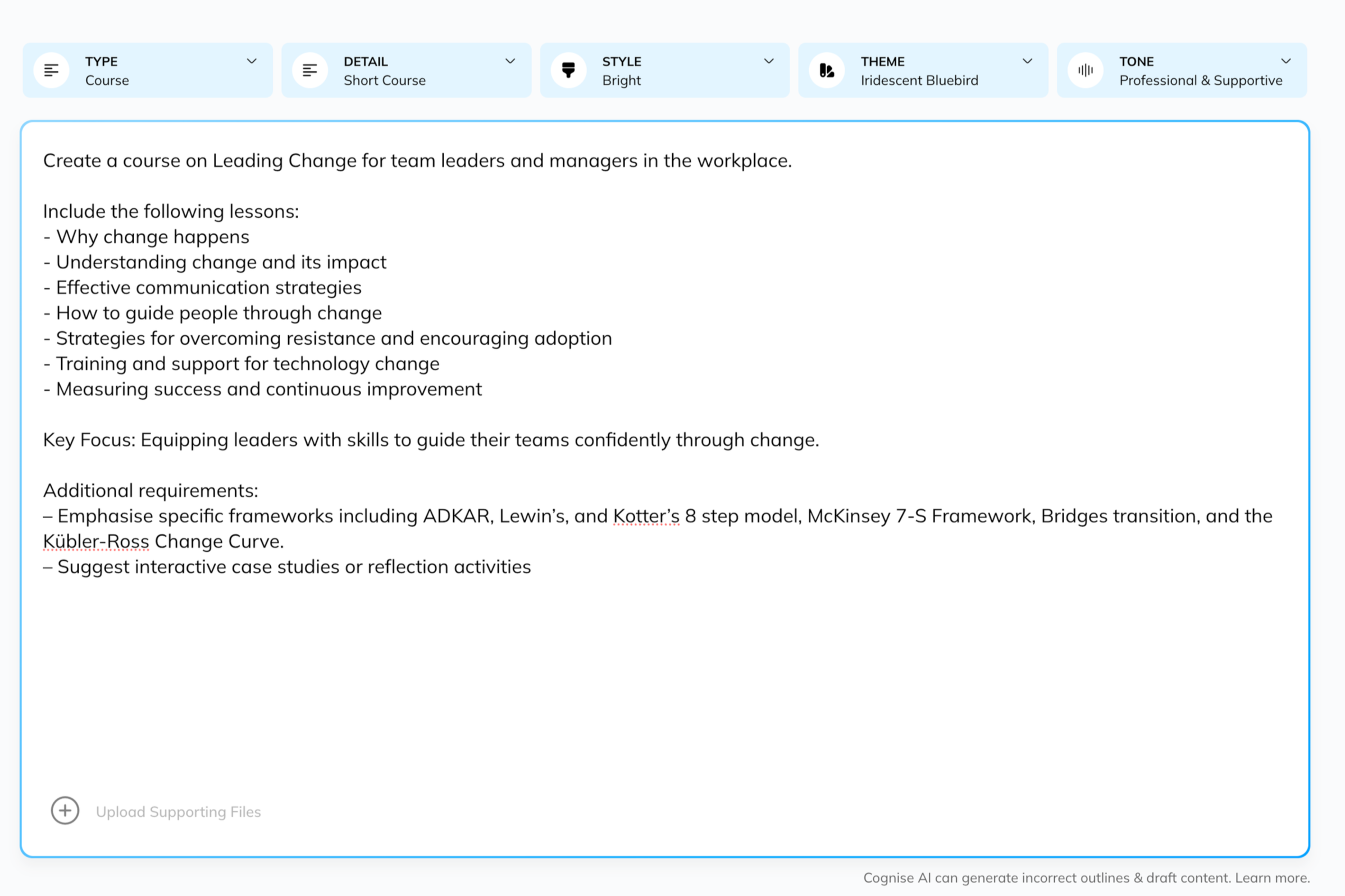 AI course creation outline on Leading Change, with sections on lessons, key focus, and additional requirements, inside a digital interface.