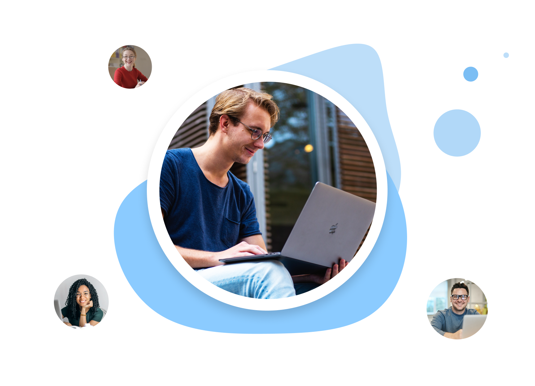 A smiling man with glasses in a blue shirt working on a laptop outside, surrounded by smaller images of diverse smiling people on a white background with blue abstract shapes.