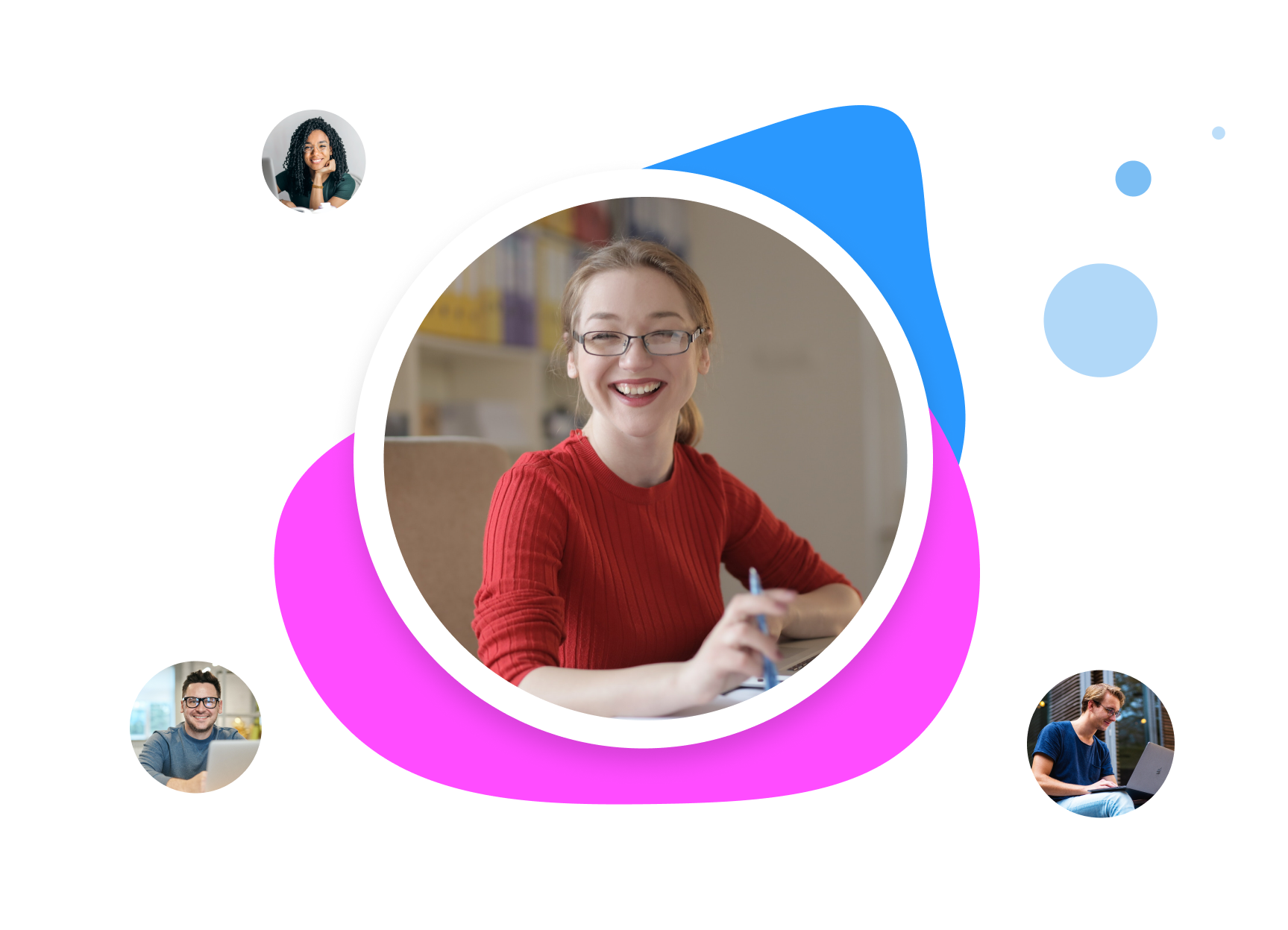 Centered photo of a woman with glasses and red sweater smiling, with three smaller photos of diverse people around her on a white background with colorful abstract shapes.