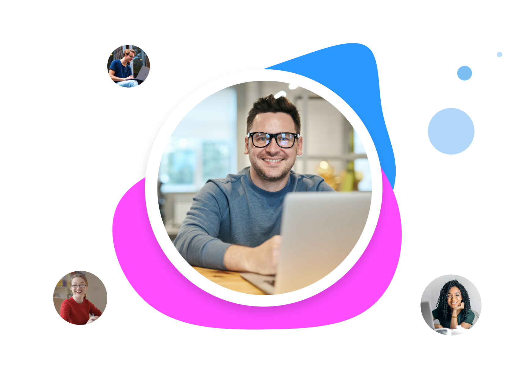 A smiling man with glasses working on a laptop, surrounded by colorful circles and smaller pictures of diverse women using laptops.