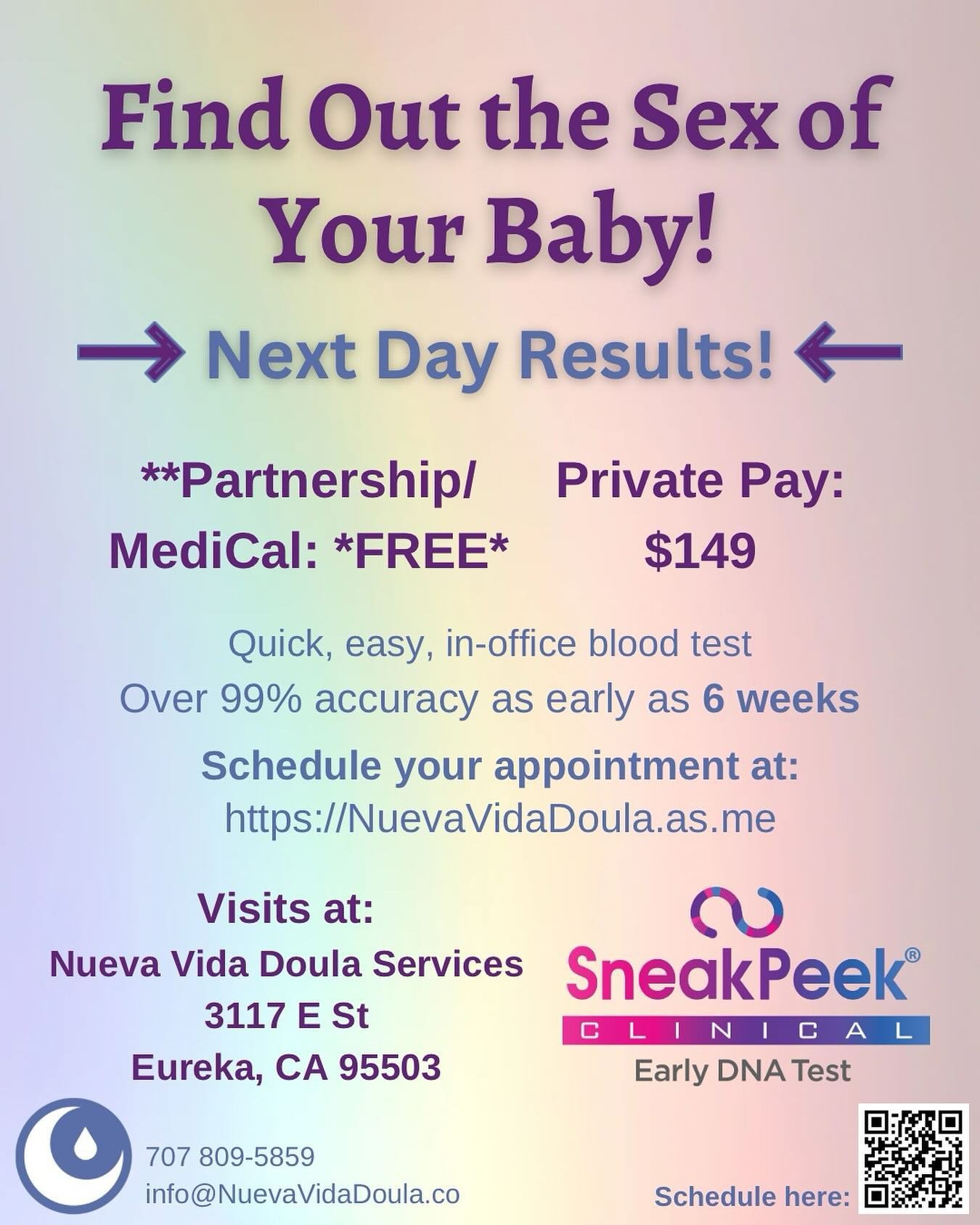 Nueva Vida Doula is excited to partner with @sneakpeektest to offer in-office testing to find out the sex of your baby as early as 6 weeks! 
This is a *free* service for those with Partnership/Medi-cal!
For private pay, this service is a low rate of 
