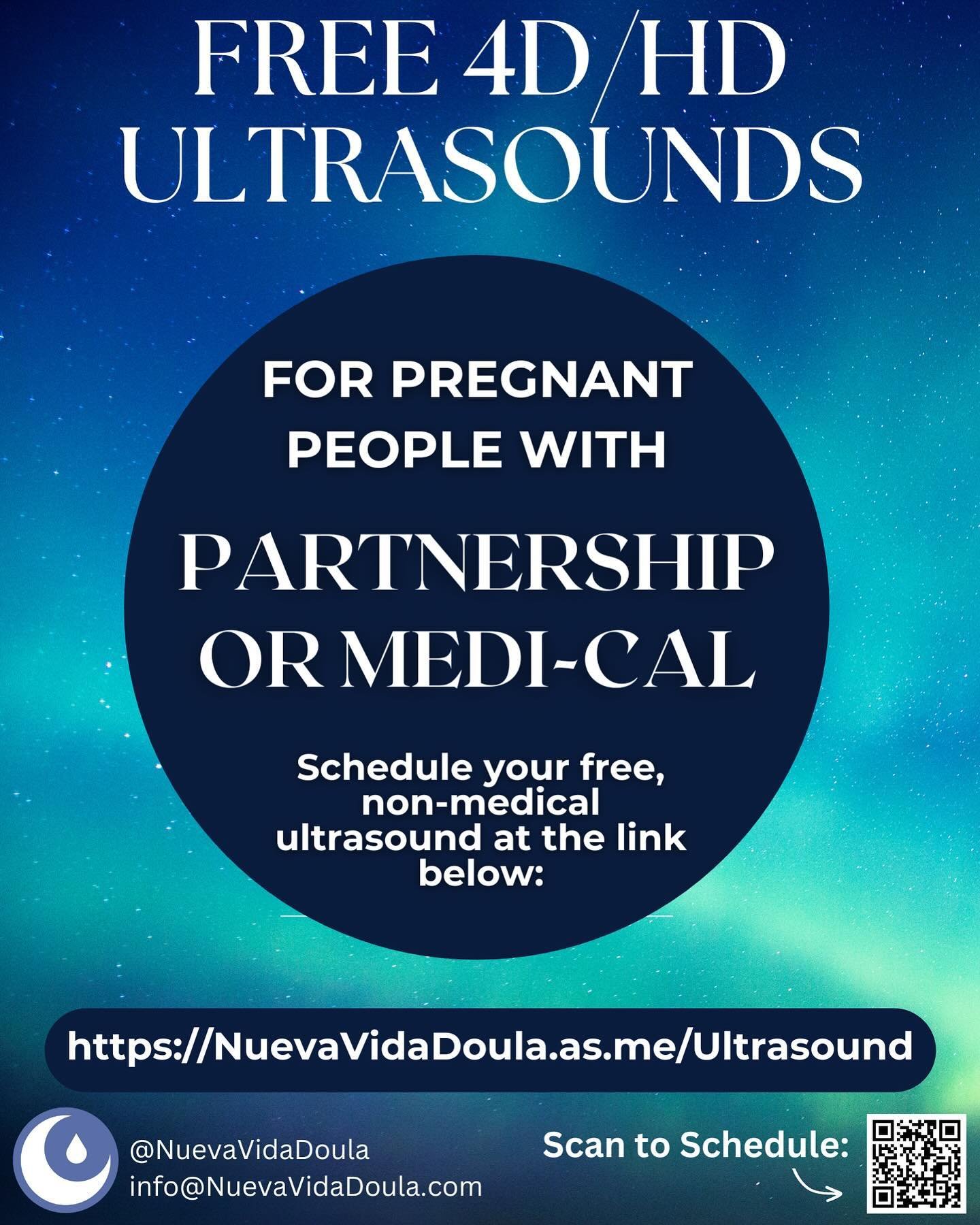We are proud to offer FREE non-medical, elective ultrasounds for pregnant people with medi-cal or partnership health coverage!
Schedule your appointment at: https://NuevaVidaDoula.as.me/Ultrasound 
(Scheduling link in bio)
Looking forward to meeting 
