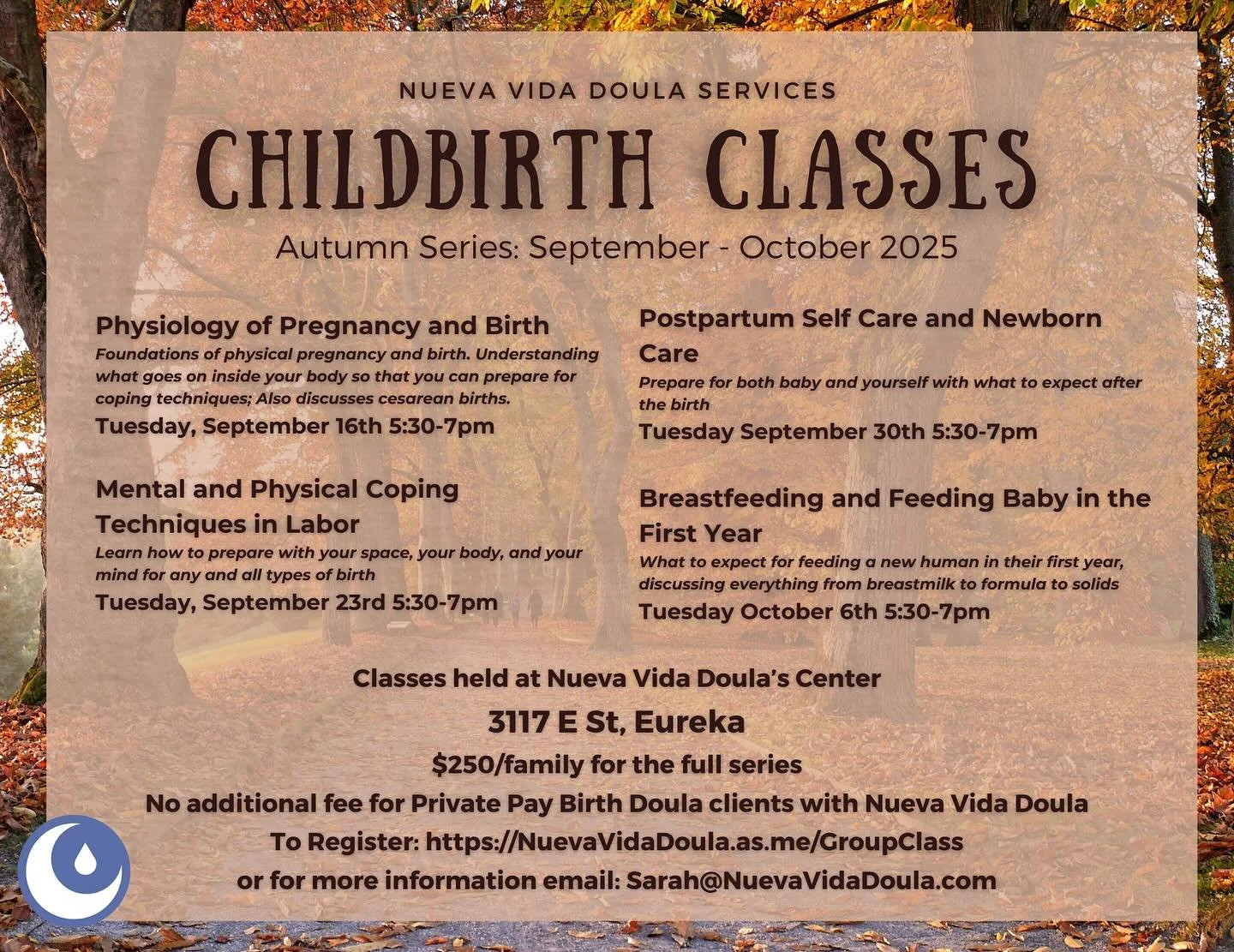 🍁 Dates for our fall childbirth class series are here! 🍁
Sign up online at https://NuevaVidaDoula.as.me/GroupClass or email Sarah@NuevaVidaDoula.com for more information.

Looking forward to spending four lovely evenings with you!