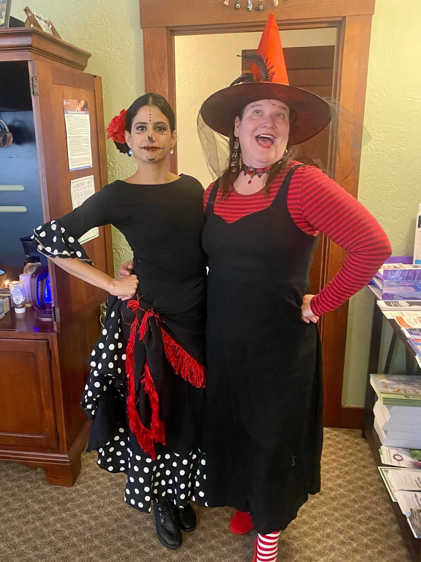 Happy Halloween from Selma and Jodie at the Nueva Vida Doula Center today! 🎃 💀 🧙&zwj;♀️ 👻