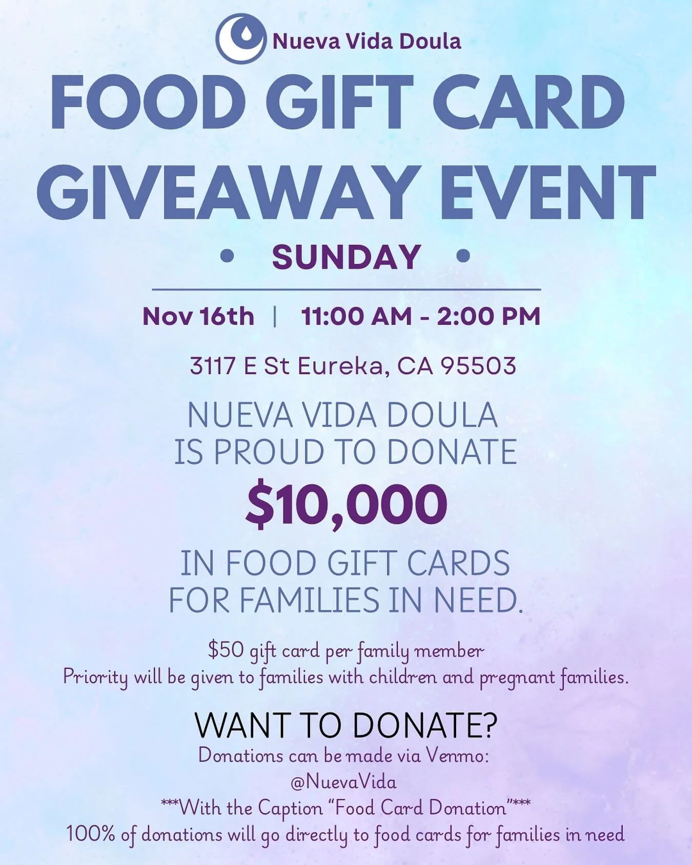 ✨❣️PLEASE READ FULL CAPTION!❣️✨

🌜Nueva Vida Doula🌛 is proud to support our community&rsquo;s families in need, and is offering ✨$50 Winco Foods Gift Cards per family member✨ until funds run out. We will be distributing food gift cards with priorit