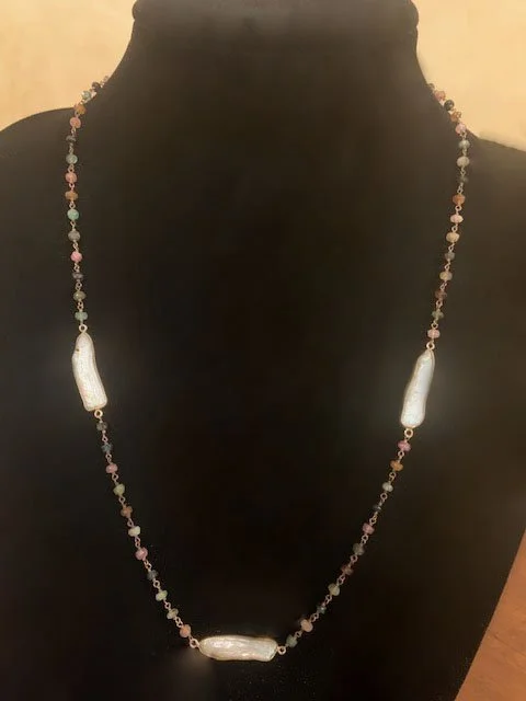 24" Tourmaline & Cultured Fresh Water Pearl necklace
